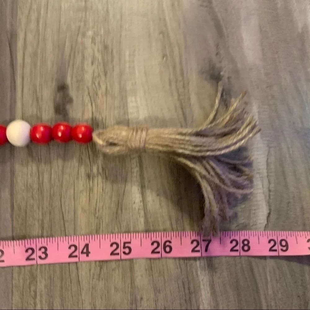Farmhouse Wood Bead Garland Strand Red Natural Beads 28” Holidays Christmas